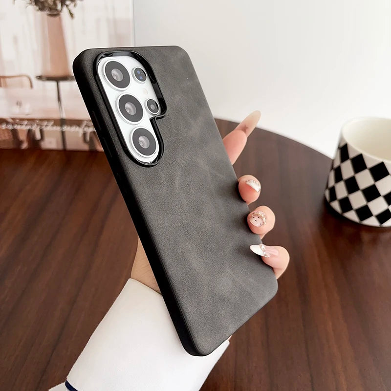 Vintage Suede Leather Phone Case For Samsung Galaxy S26 S25 S24 S23 S22 Ultra Shockproof Matte Retro Texture Protective Cover
