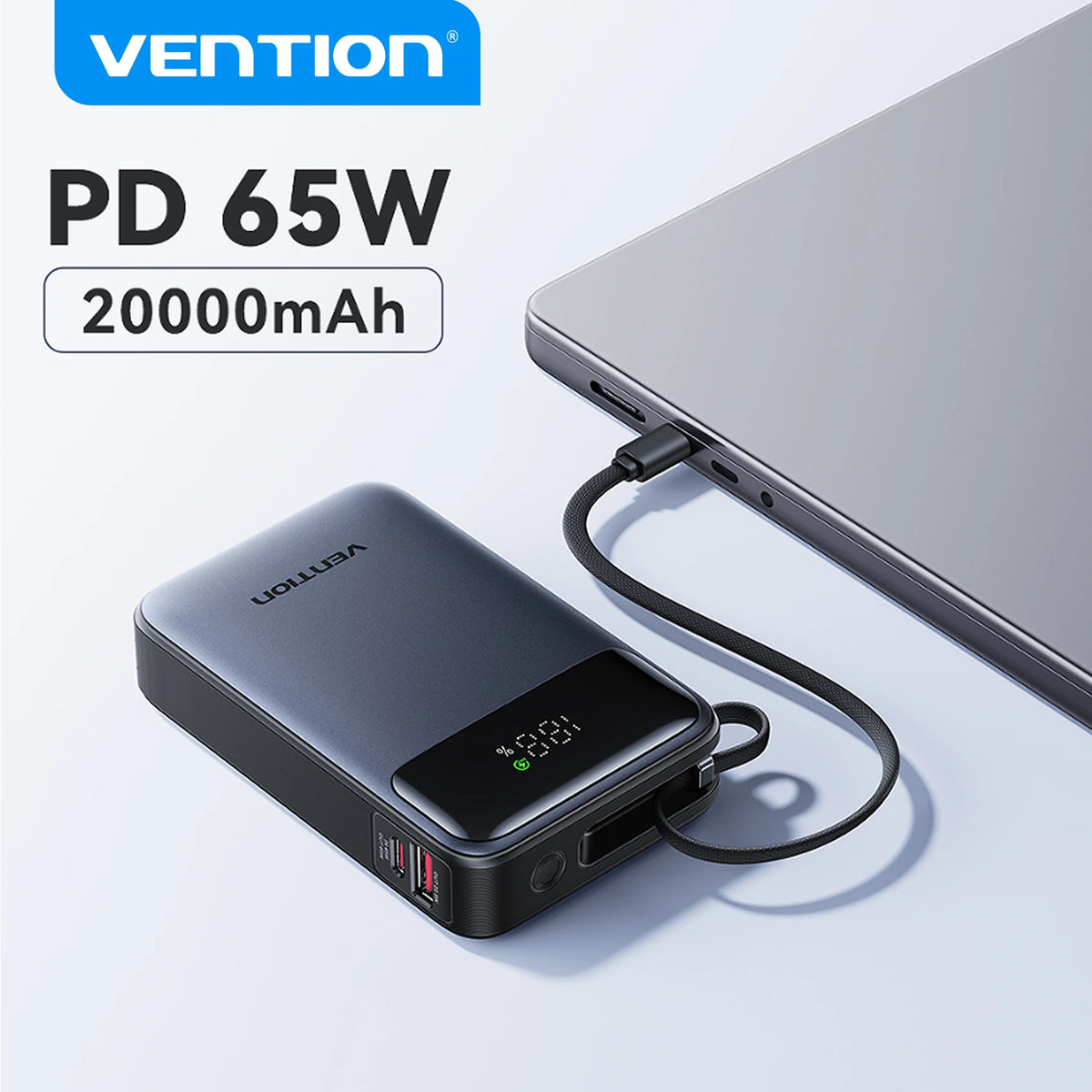 Vention 65W Power Bank 20000mAh Built-in USB-C Cable Portable Powerbank for Laptop PD Fast Charger for iPhone 18 Samsung S26 S25