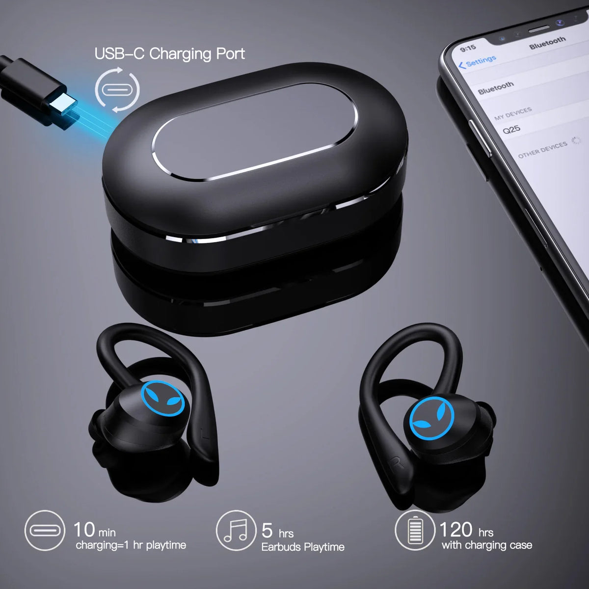 TWS Bluetooth Earphone,Stereo Wireless Headphone,USB-C Charging Case HiFi Earbud, HandsFree Headset With Mic For iPhone Android