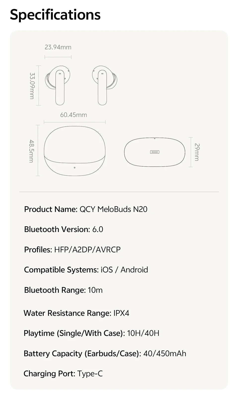 QCY MeloBuds N20 Adaptive Hybrid Noise Cancelling Earbud Wireless Bluetooth 6.0 Headphone 6 Mics Clear Call HT20 Earphone 40Hrs