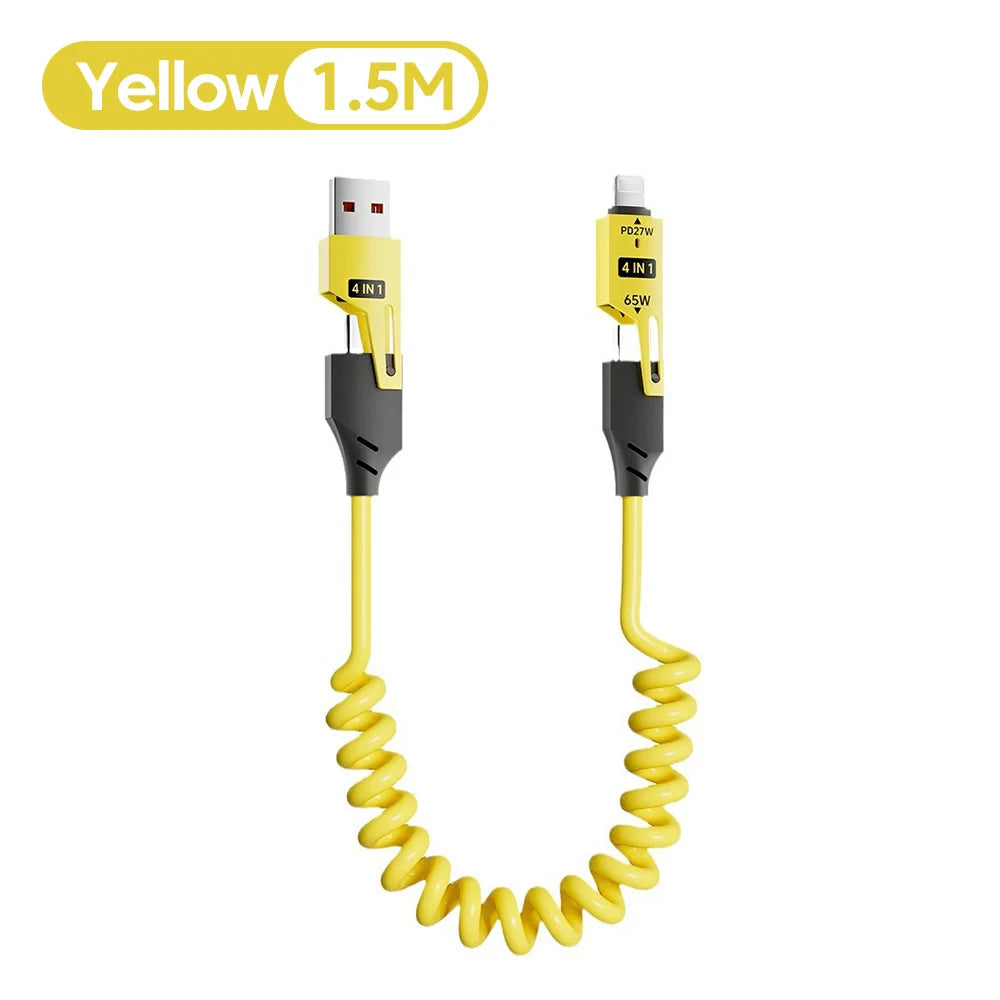 4 in 1 PD 27W 65W Fast Charging Spring Cable USB Type C To Type C And Lightning Data Cable Wire For iPhone 15 16 Samsung Xiaomi