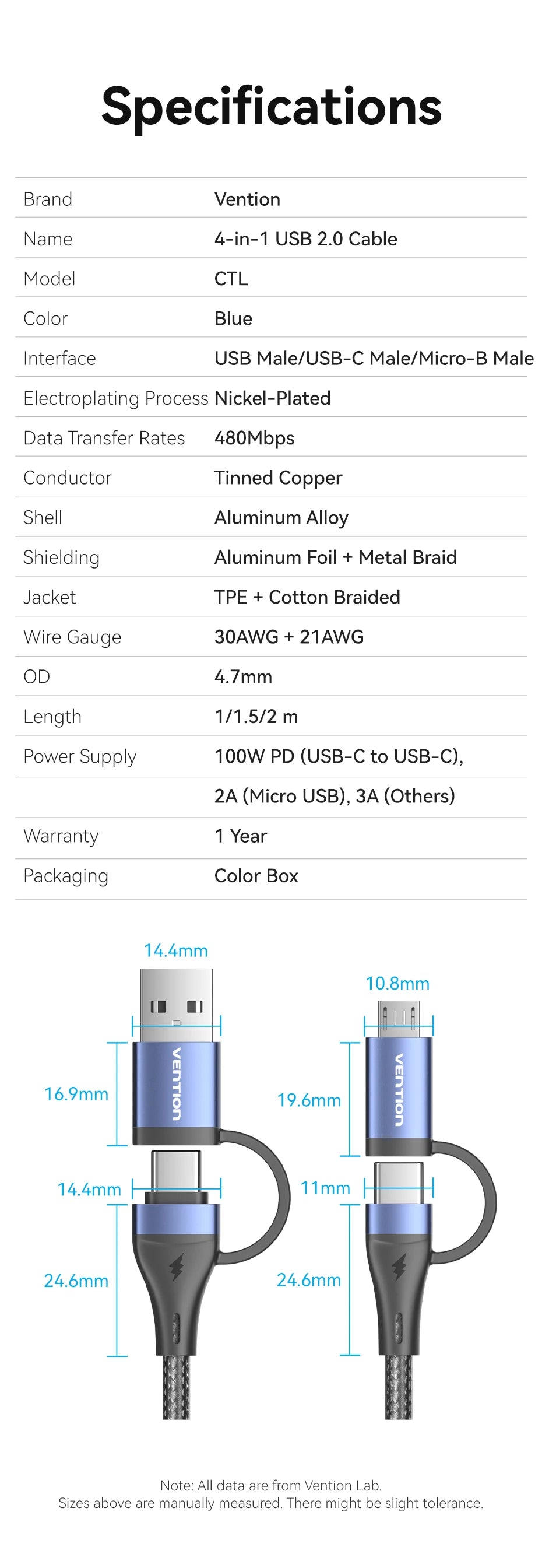 Vention 4 In 1 USB C 100W PD Type C To USB C Fast Charging Cable Usb A to Micro USB For POCO Xiaomi Samsung Mobile Phone Cable