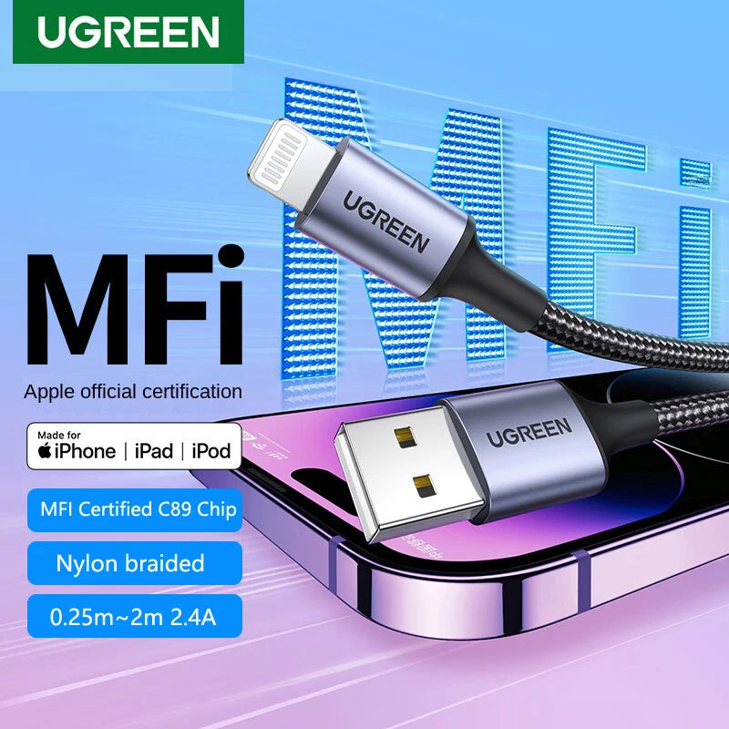 UGREEN MFi For USB Lightning Cable Charger For APPLE iPad iPhone 14 13 11 8 12W Fast charging data Braided short long Carplay 2m