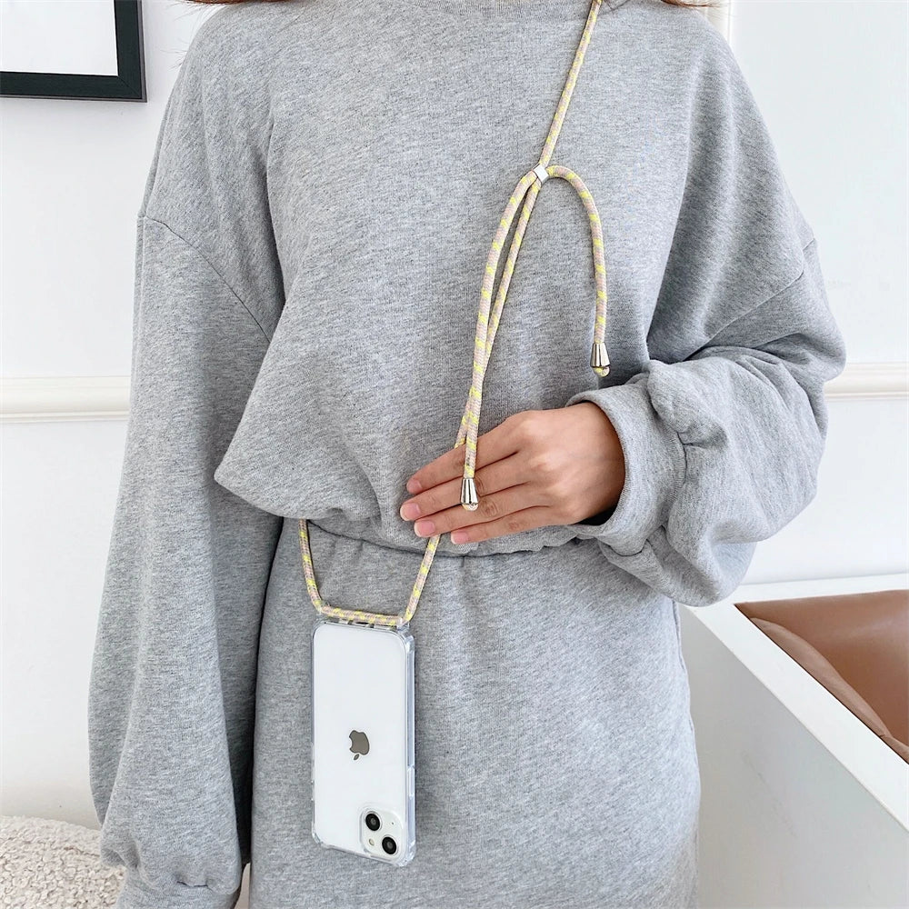 Crossbody Necklace Cord Lanyard Transparent Phone Case For iPhone 16 15 13 Pro Max 12 11 7 8 Plus X XR XS Strap Hang Rope Cover