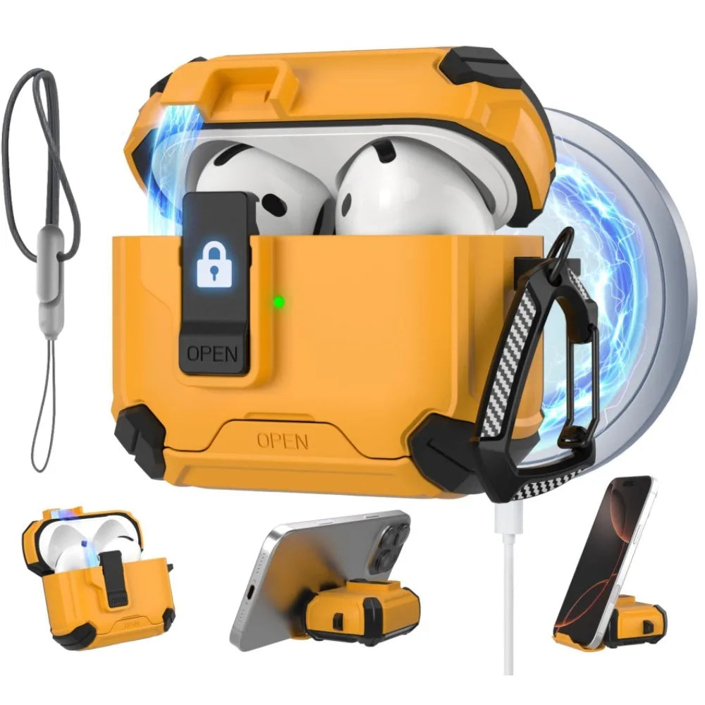 for AirPods 4/for AirPods Pro 3 Case Automatic Lock with MagSafe Phone Bracket Protective Case with Lanyard For AirPods Pro2/Pro