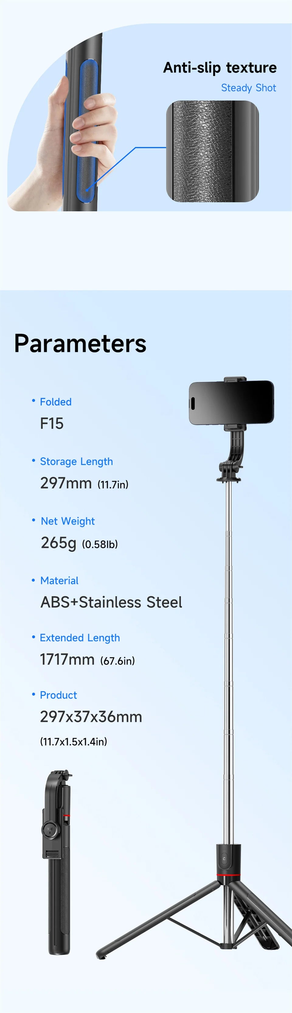 FANGTUOSI Selfie Stick Tripod with Bluetooth Remote, 6-Section Extendable Pole, 360° Rotation, Fill Light Option, for Phone Vlog
