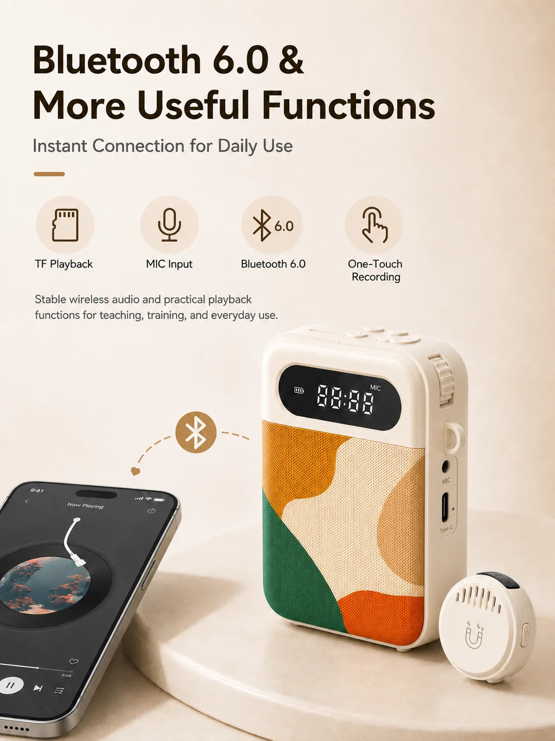 Voice Amplifier for Teachers, 20W Bluetooth 6.0 Speaker, Wireless Magnetic Clip Mic, Rechargeable for Classroom and Training