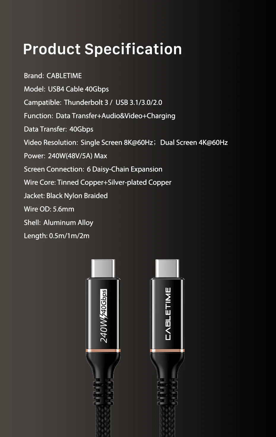 CABLETIME USB C to USB C Cable PD 240W Thunderbolt 4 40Gbps Type C to C 8K 60Hz Cable for Macbook Pro Fast Charge Cable