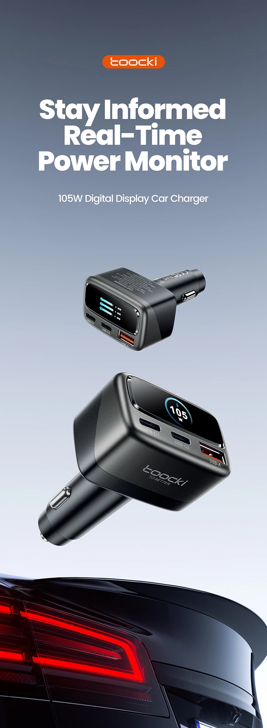 Toocki 105W 3-in-1 Car Charger PD 45W 30W PPS Fast Charging Type C Display Car Phone Charger For iPhone 17 16 Samsung S23 S24