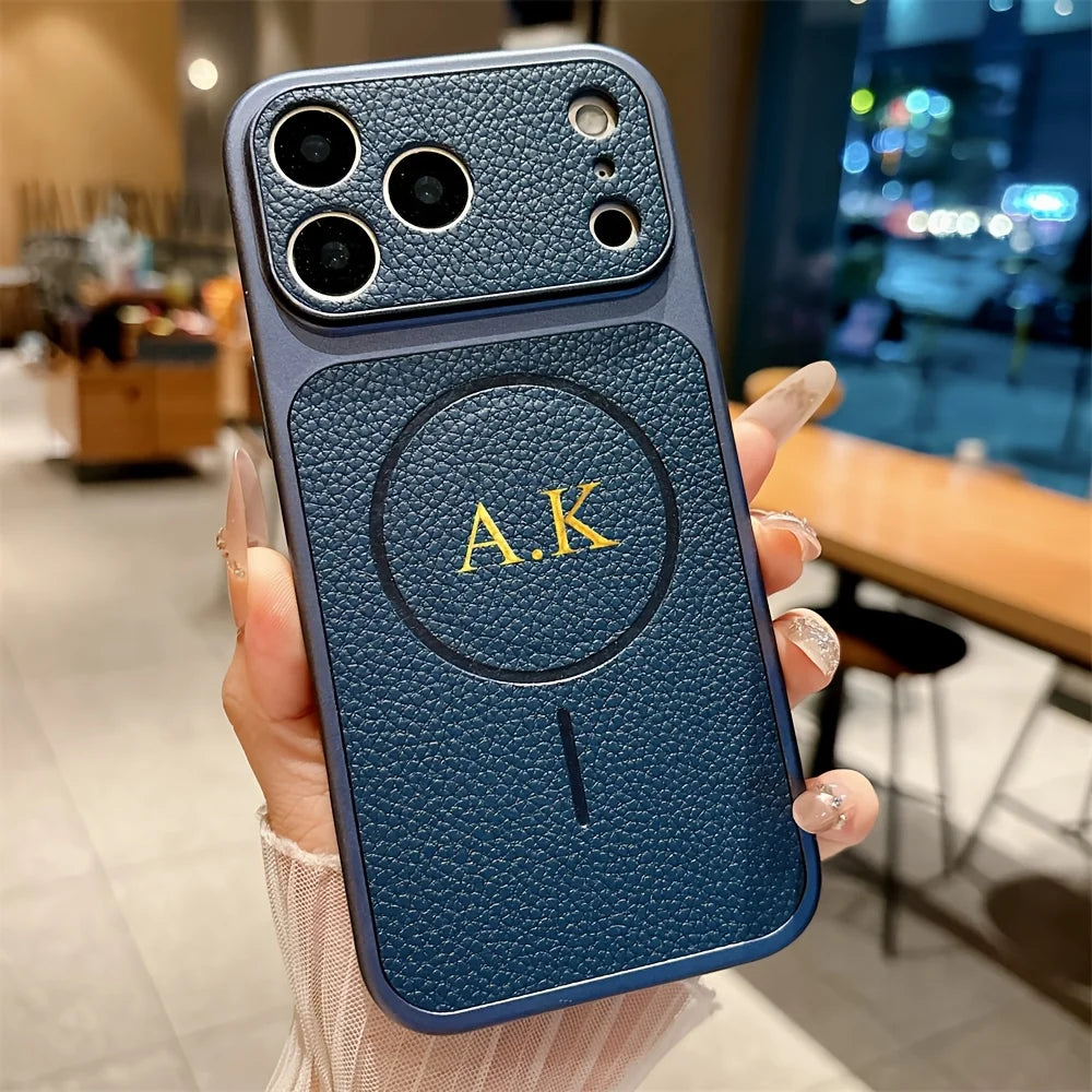 Personalized Custom Name Thin Circle Magnetic Lychee Pattern TPU Phone Case for iPhone 17 16 15 14 13 Pro Max Air Gift
