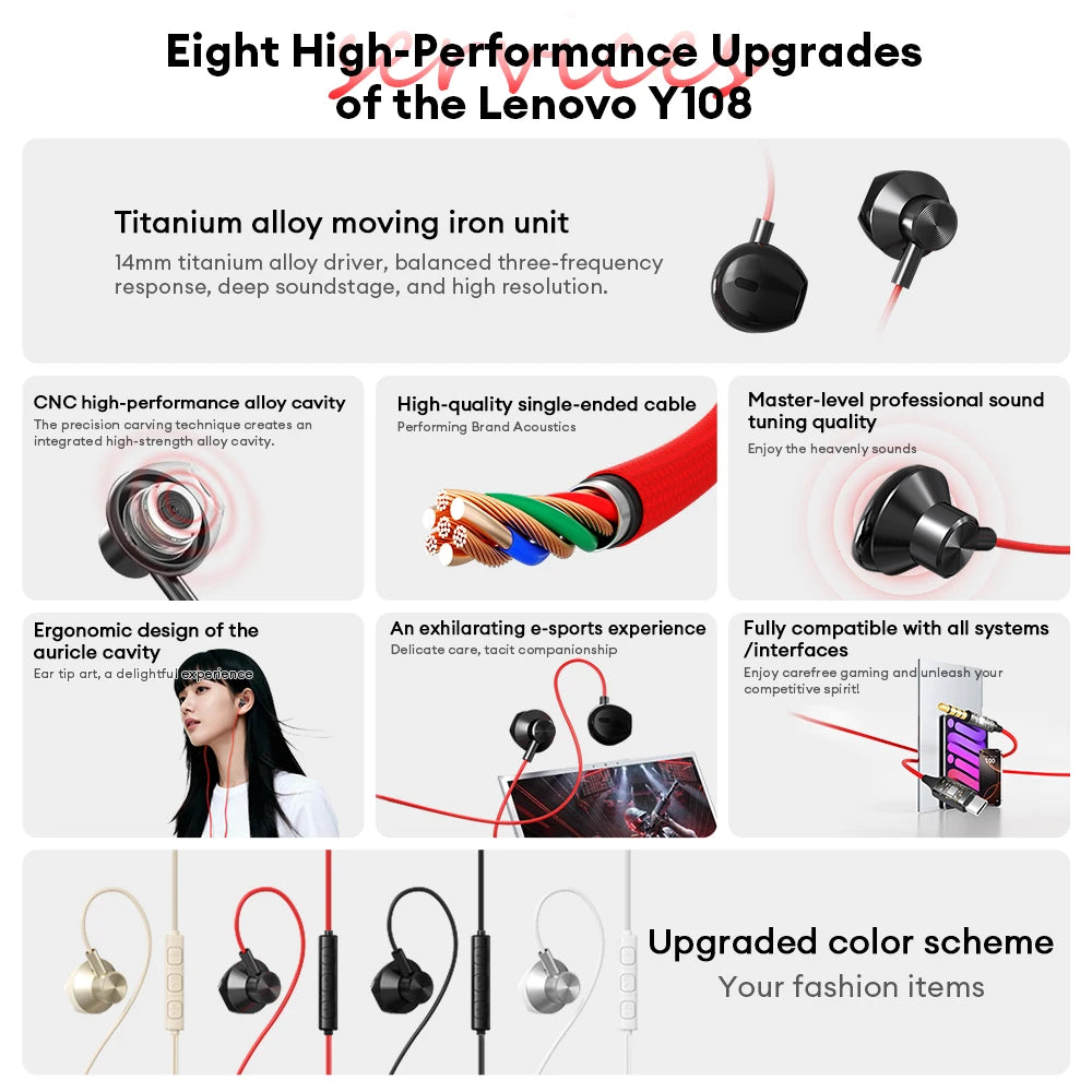 NEW Lenovo Y108 Wired Earphones Semi-In-Ear E-Sports Headphones 3.5mm Type-C Noise Reduction Stereo Music Earbuds 1.25M with Mic
