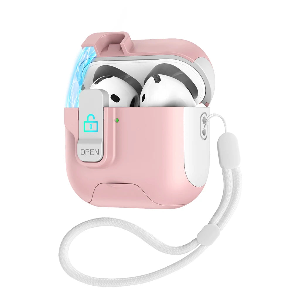 Magnet Security Lock Cover for Airpods 4 ANC Case With Lanyard Full Body Protection Shockproof Charging Cases For Airpods Pro 2