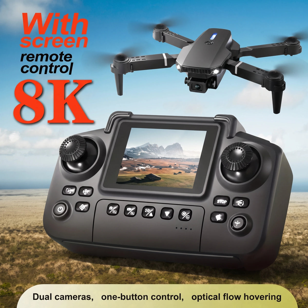 2026 Upgraded E88 PRO MAX Foldable Drone with Dual Cameras, 8K Screen Remote Control, Extra Batteries, One Key Return, Portable RC Quadcopter for Adult Beginners, Black Friday Christmas Holiday Gift