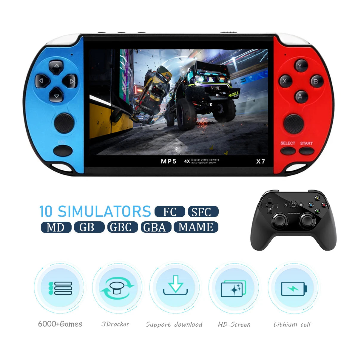 Retro X7 Handheld Game 4.3 Inch HD Large 8G Screen Classic Game Console Built-in 10000 Games Mini Handheld MP5 Video Game