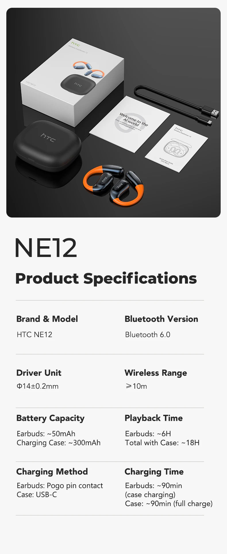 HTC NE12 Bluetooth Earphones AI Translator Earbuds OWS Sport Headphones HD Call Wireless Headphones Glowing Earhook Longlife