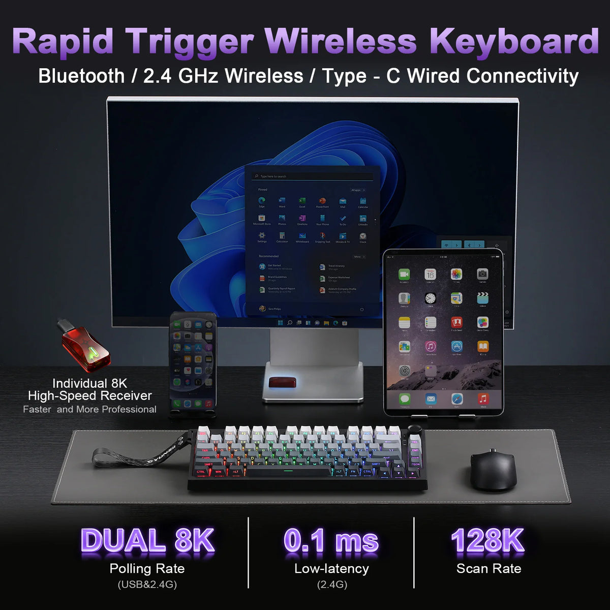 YUNZII RT75 PRO Dual 8K Wireless Gaming Keyboard, Rapid Trigger Mechanical Hall Effect Magnetic Keyboards, RGB Custom SOCD/DKS