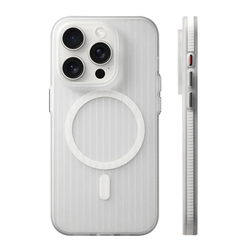 Geometric 3D Stripes Wireless Charging MagSafe Phone Case For iPhone 14 15 18Pro Max 15 13 Pro 16 Anti-fall Bumper Frosted Cover