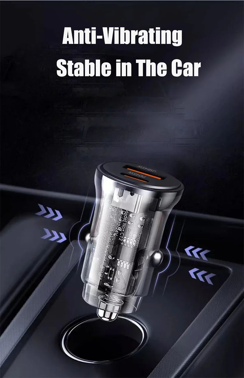 Transparent USB C Car Phone Charger PD 30W Super Fast Charge Adapter for iPhone 15 Pro Max 14 iPad Samsung Oppo Huawei Vivo
