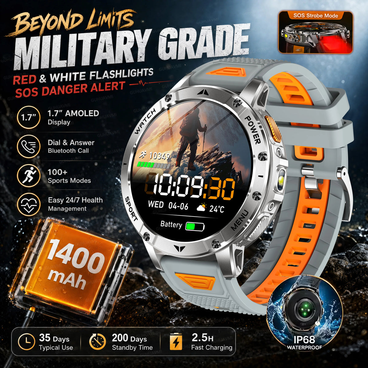 Ultra Large 1400mAh Battery Sport Smartwatch 1.7” Heart Rate Tactical Strong Flashlight 5ATM Waterproof Call Smart Watch For Men