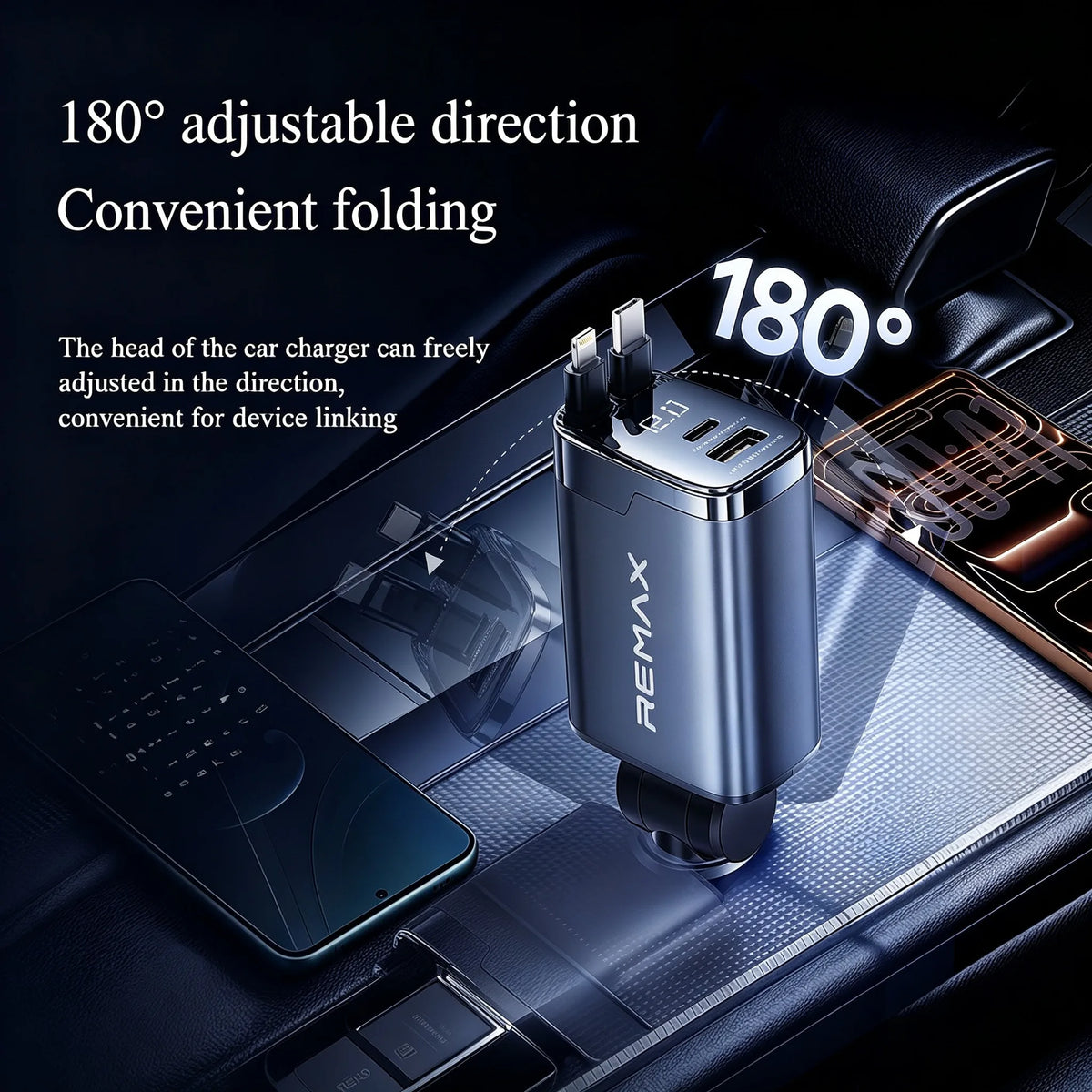 REMAX 60W Dual Retractable Cable Foldable Car Charger PD45W 4 Ports Voltage Display Fast Charging For Laptop Tablet Phone