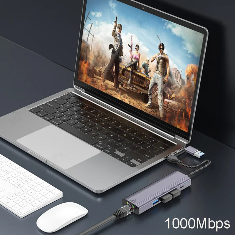 MZX USB A Type C 3.0 Hub to RJ45 Network Card Converter 1000Mbps Ethernet Concentrator Adapter Docking Stattion Splitter Dock