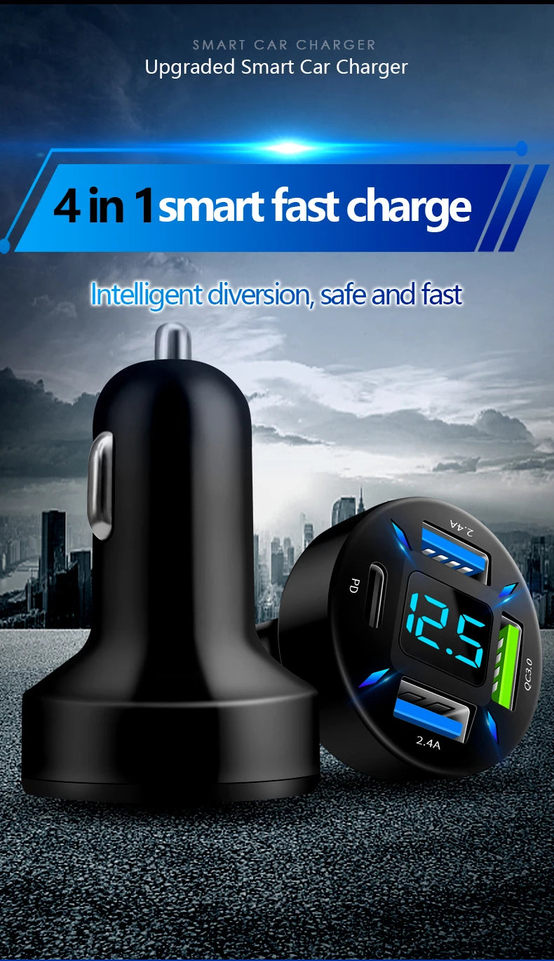 PD Quick Car Charger QC3.0 2.4A 4 Ports USB Fast Charging Car Adapter Cigarette Lighter Socket Splitter For iPhone Xiaomi