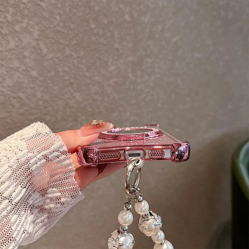 Bling Glitter Lipstick Mirror Stand Phone Case For Vivo Y31 5G Y21D With Pearl Chain Girls Women's Anti-drop Shockproof Cover