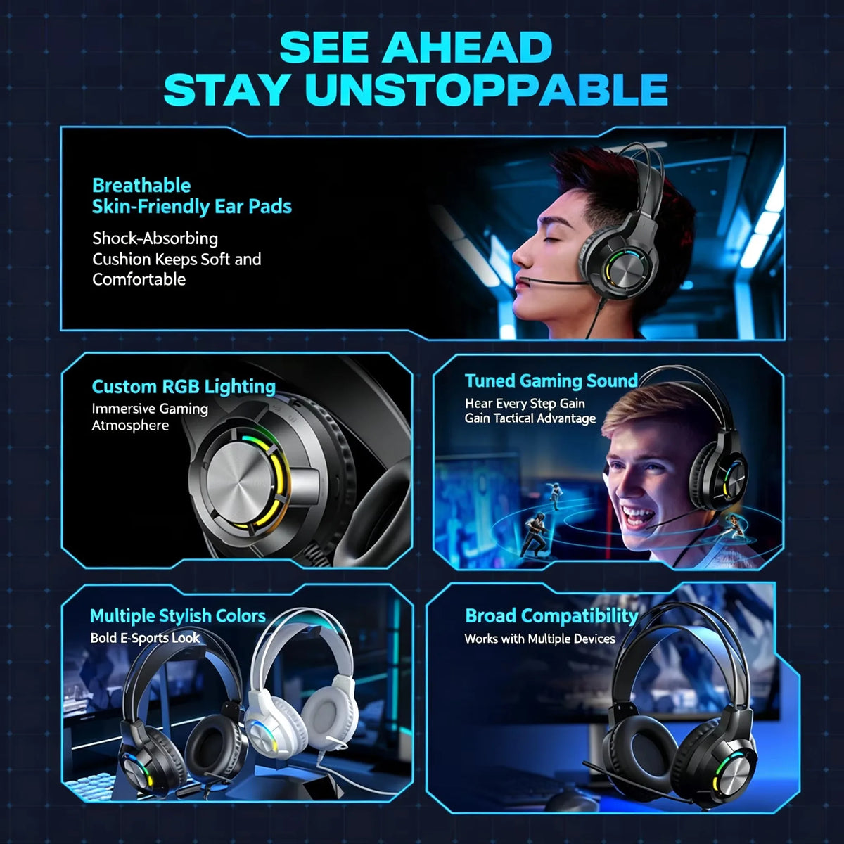 Over-Ear Gaming Headphone 7.1 Surround Sound ENC Noise Cancelling Mic RGB LED Wired Headset for PC PS4 PS5 Xbox Laptop Desktop