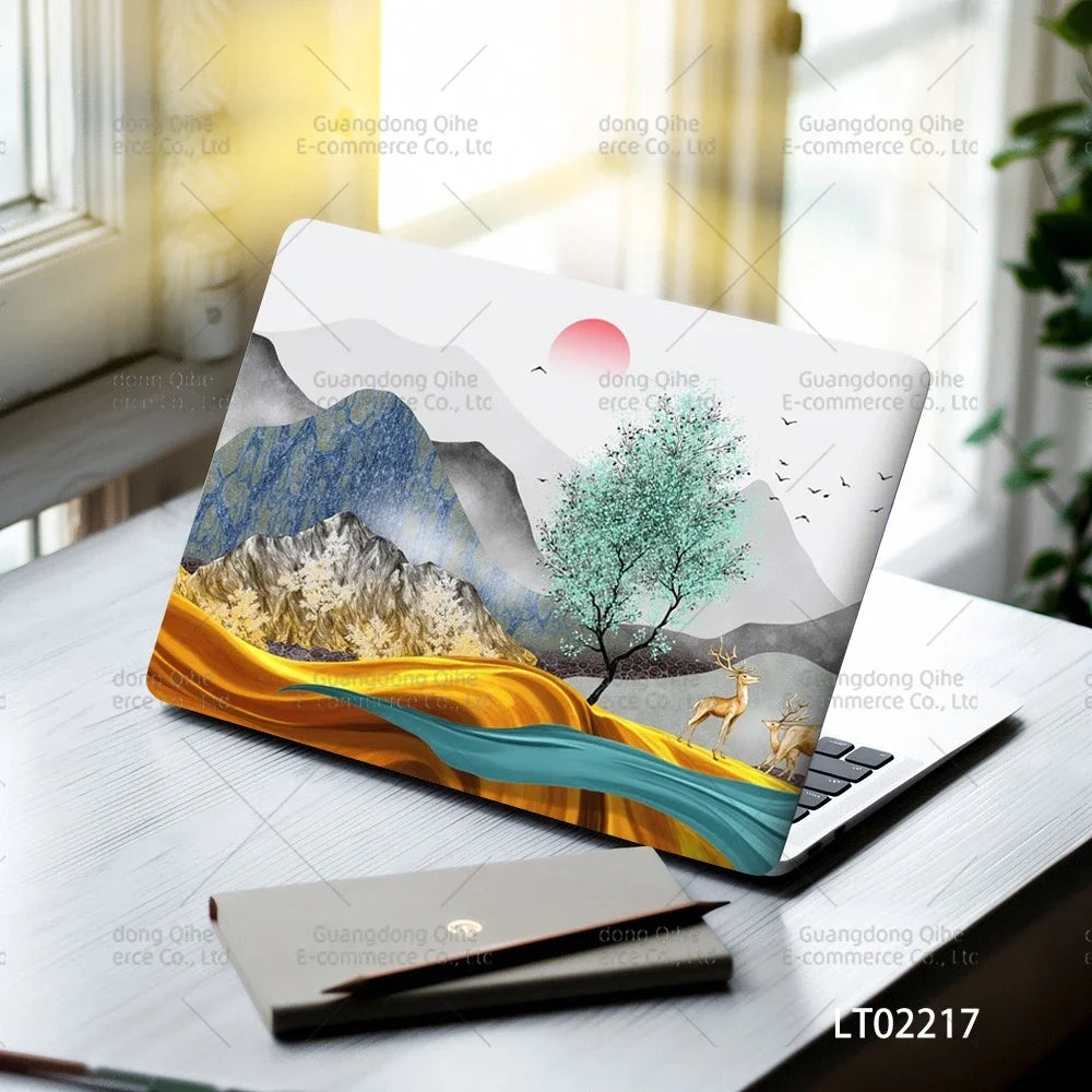 2PCS Scenery Oil Painting Laptop Stickers Set Flower Art Waterproof PVC Decals MacBook Traditional Ink Style Computer Skin