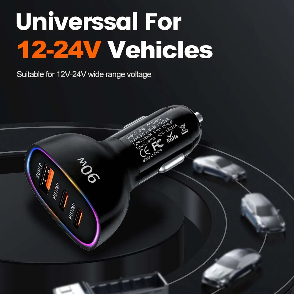 90W USB C Car Charger 3-Port Super Fast Charging Adapter Dual PD 30W and USB A with LED Ring Light For iPhone 17 16 For Samsung