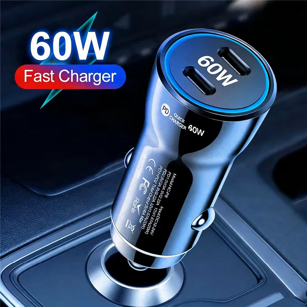 MZX 60W 48W 30W Duar Car Charger PD USB A Type C Smart Quick Charge 12V 24V Cigar Lighter Ultra QC 3.0 Charging for Cell Phone