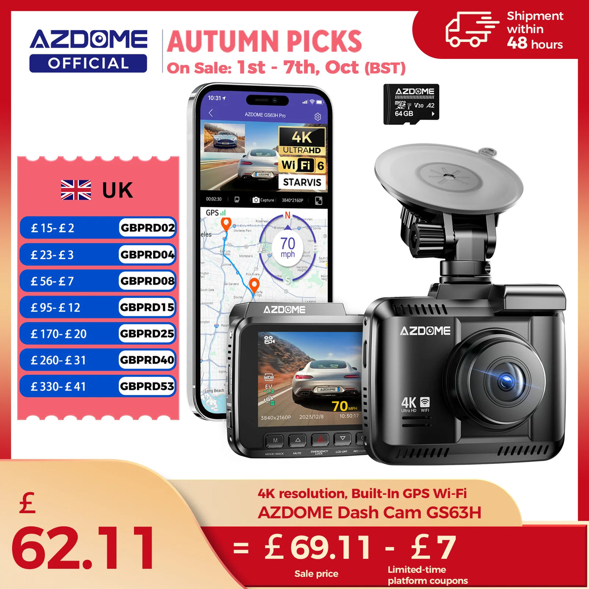 AZDOME Dash Cam GS63H 4K Built-In GPS Wi-Fi Dash Car Camera with Starvis 2.4" Screen WDR Night Vision Car DVR Parking Monito
