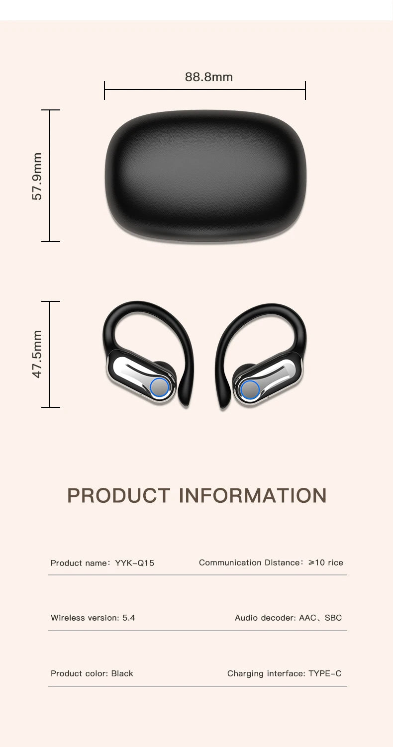 TWS Bluetooth Earphones With Microphones Sport Ear Hook LED Display Wireless Headphones HiFi Stereo Earbuds Waterproof Headsets