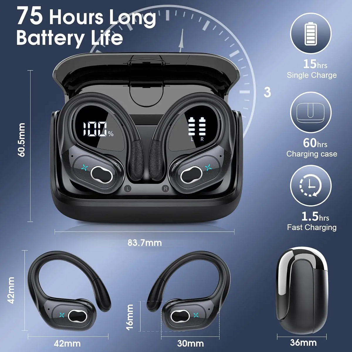 Sports Bluetooth Earphones Waterproof Wireless Headphones 75hrs Music with ENC Noise Cancellation Mic Soft Earhook TWS Earbuds