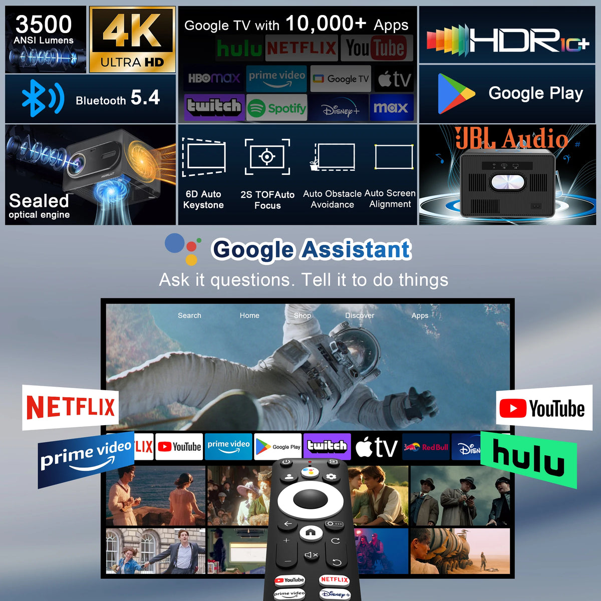 HORLAT Sealed Optical Google TV Projector 3500ANSI Bluetooth Voice Control Auto Focus WiFi 6 4K UHD Home Theater Movie Projector