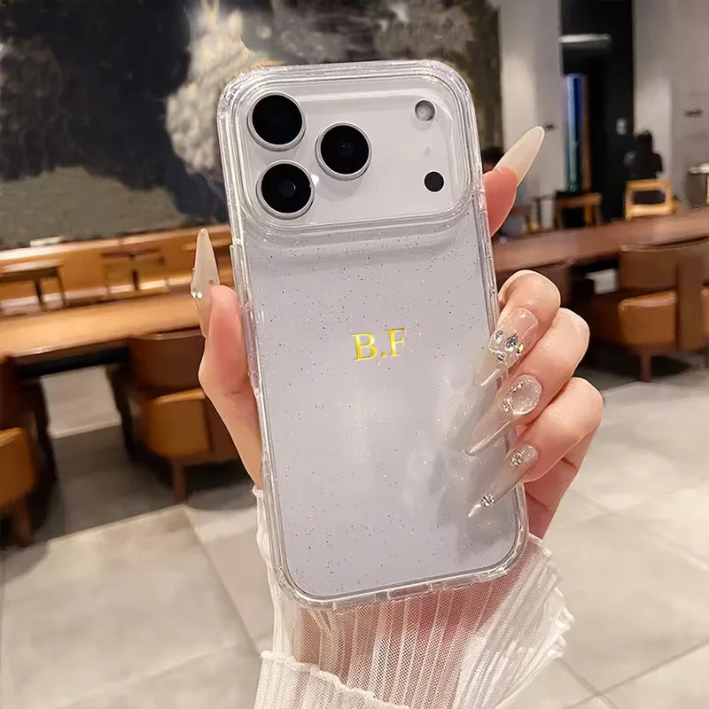 Personalized Custom Name Hot Foil Engraved Transparent With Fine Glitter Phone Case For iPhone 13 14 15 16 17 Pro Max 17 Air