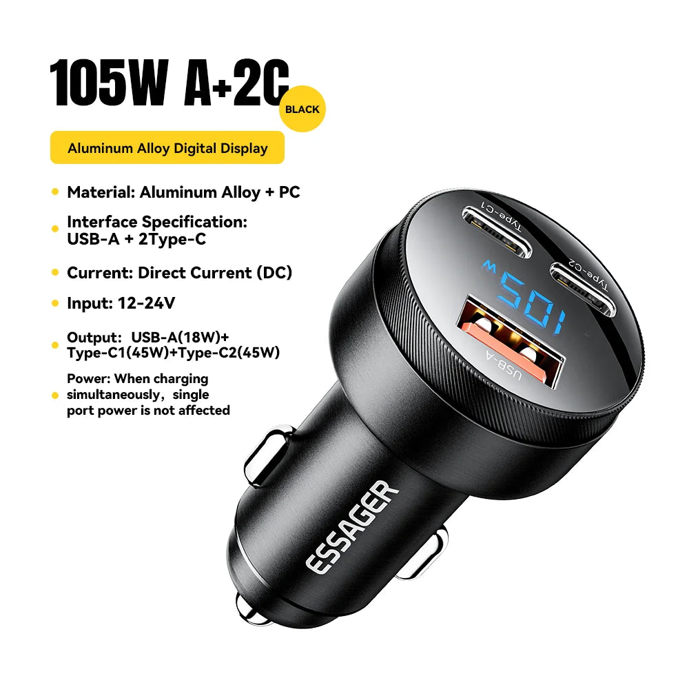 Essager USB C Car Charger 105W Quick Charge PD3.0 QC4.0 3.0 SCP PPS USB Type C Fast Charging For iPhone 15 14 13 Samsung Xiaomi