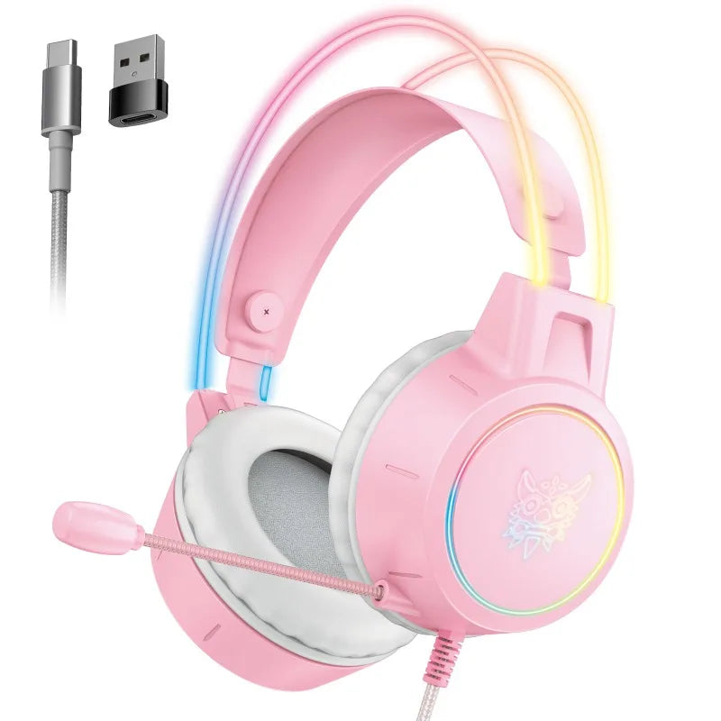 ONIKUMA X15 Pro Pink Cat Ear Gaming Headset Wired RGB Headphones 50MM Driver 3.5MM Stereo Sound Flexible Mic for PC PS4 PS5 Xbox