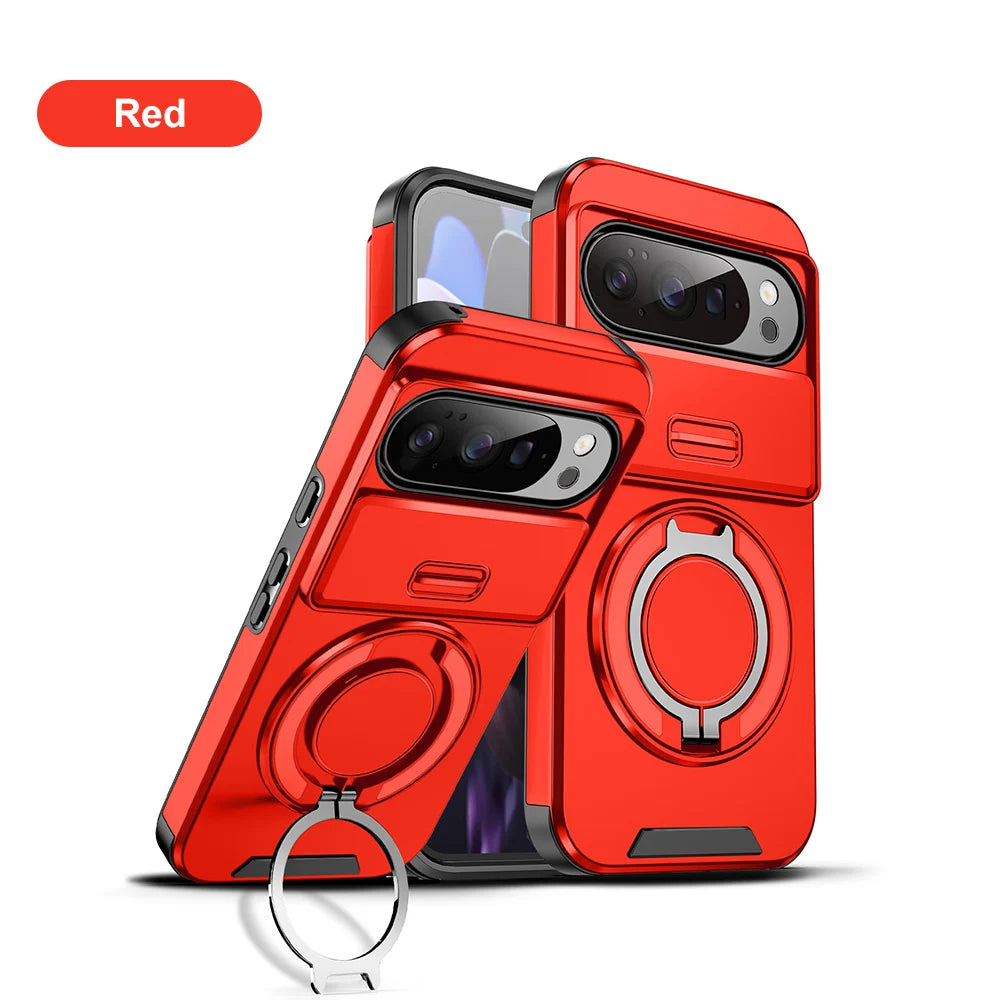 Heavy Duty Rugged Phone Case for Google Pixel 10 9 Pro XL 7 8 9 10 Pro 8A 9A Cases with Sliding Lens Cover Ring Kickstand Funda