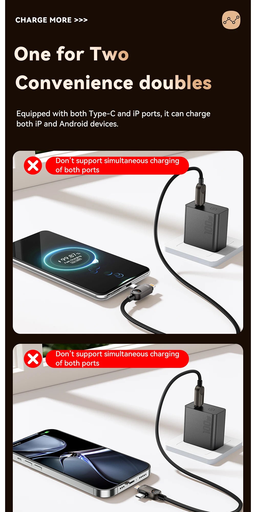 Essager 2-in-1 USB Type C to Lightning Cable 100W PD Fast Charging Wire for iPhone 17/16/15/14 MacBook iPad Xiaomi - Type C to L