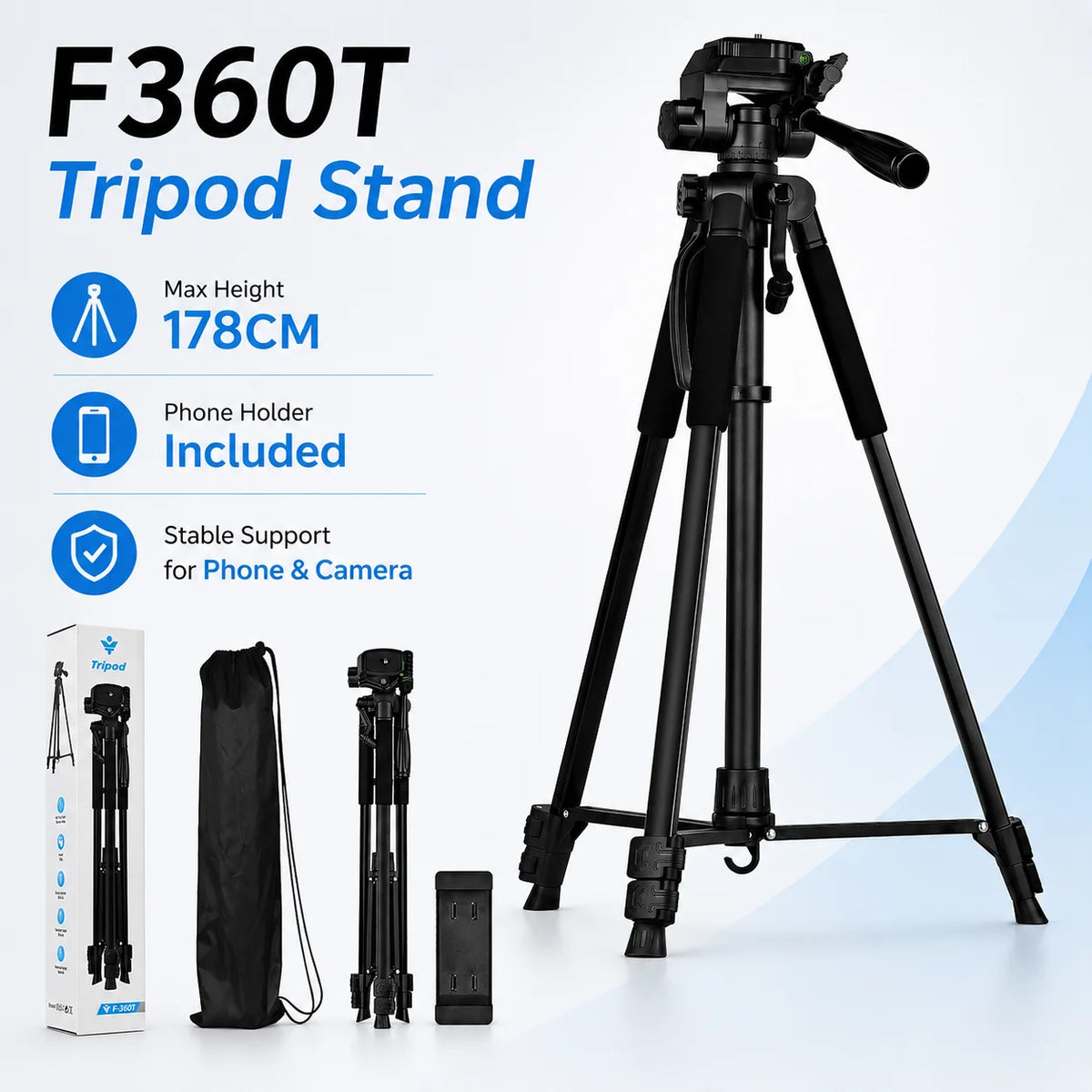 360° Camera Tripod Stand, Portable Photography Tripod for Phone, Telescope, Projector, Action Camera, Selfie, Live Streaming & V