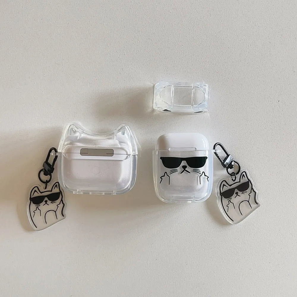 Cute Cartoon Sunglasses Cat Earphone Case For Airpods Pro 2 Bluetooth Headphone Cover For AirPods 4 3 2 Protective Case Keychin