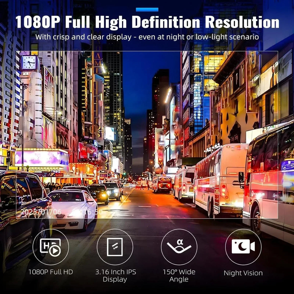 1080P HD Dual Lens Front and Rear Car Dash Cam Driving Recorder IR Night Vision G Sensor Parking Mode Motion Detection Three Point One Six Inch IPS Screen Wide Angle Loop Recording Supports One Hundred Twenty Eight GB Max H26