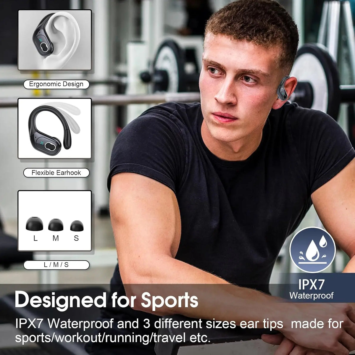 Sports Bluetooth Earphones Waterproof Wireless Headphones 75hrs Music with ENC Noise Cancellation Mic Soft Earhook TWS Earbuds