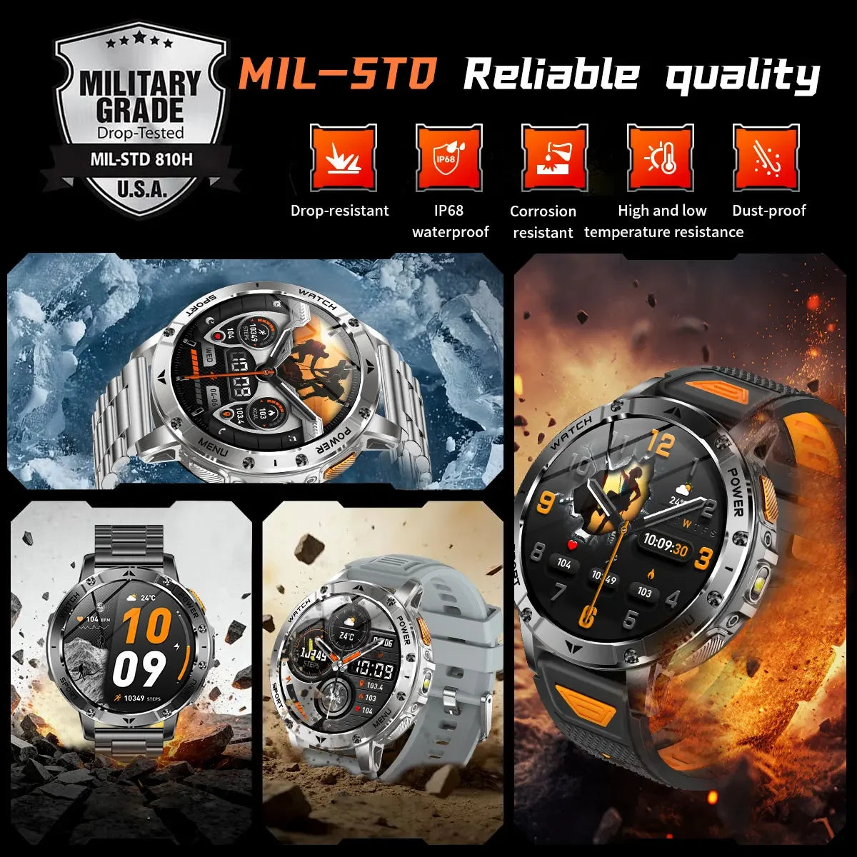 Ultra Large 1400mAh Battery Sport Smartwatch 1.7” Heart Rate Tactical Strong Flashlight 5ATM Waterproof Call Smart Watch For Men