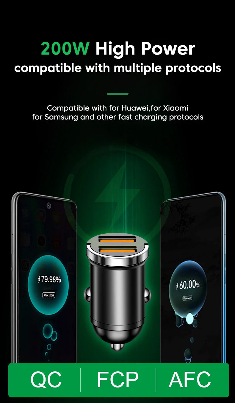 200W Dual USB Car Charger Pull Ring Fast Charging Car Phone Charger Adapter For Xiaomi Samsung Mini Car Charger