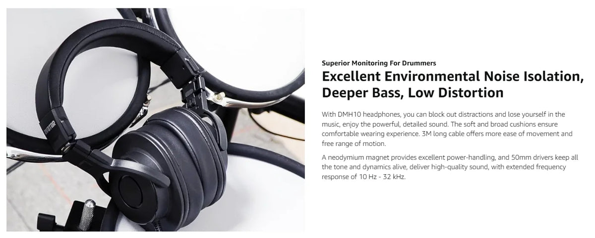DMH10 Over-Ear Studio Monitor Headphones, Electric Drum Stereo Headphone for Drummers, with Deep Bass, Noise Isolation, 3m Cable