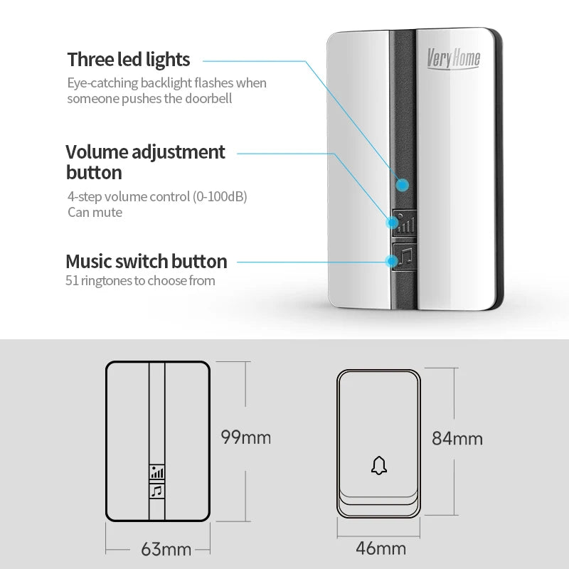 Wireless Doorbell Self-Powered No Battery Waterproof IP44 Wide Voltage 110-240V Global Plugs Long Range Remote Control CE