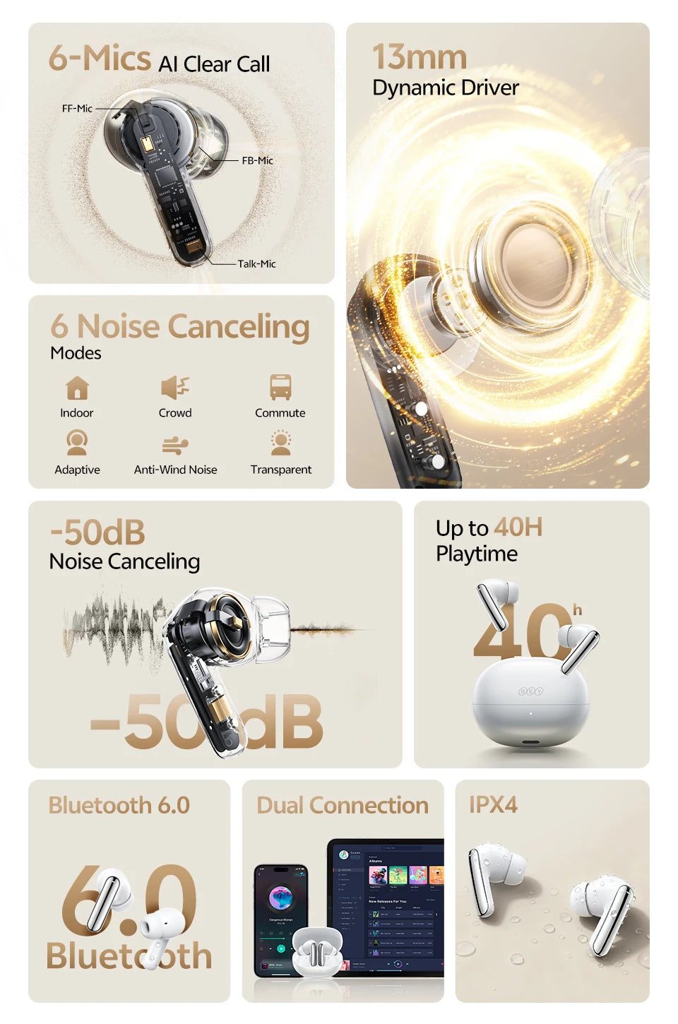 QCY MeloBuds N20 Wireless Bluetooth 6.0 Earphone 13mm Drivers -50dB Adaptive Hybrid Noise Cancelling Earbud 40Hrs HT20 Headphone