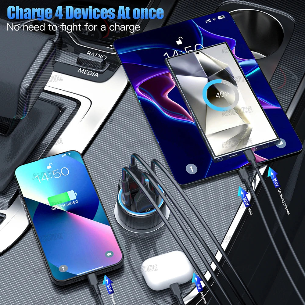 4 Port 126W Metal USB C Car Charger with Voltmeter, 2 USB-C & 2 USB-A Fast Charging Cigarette Lighter Adapter for iPhone Samsung